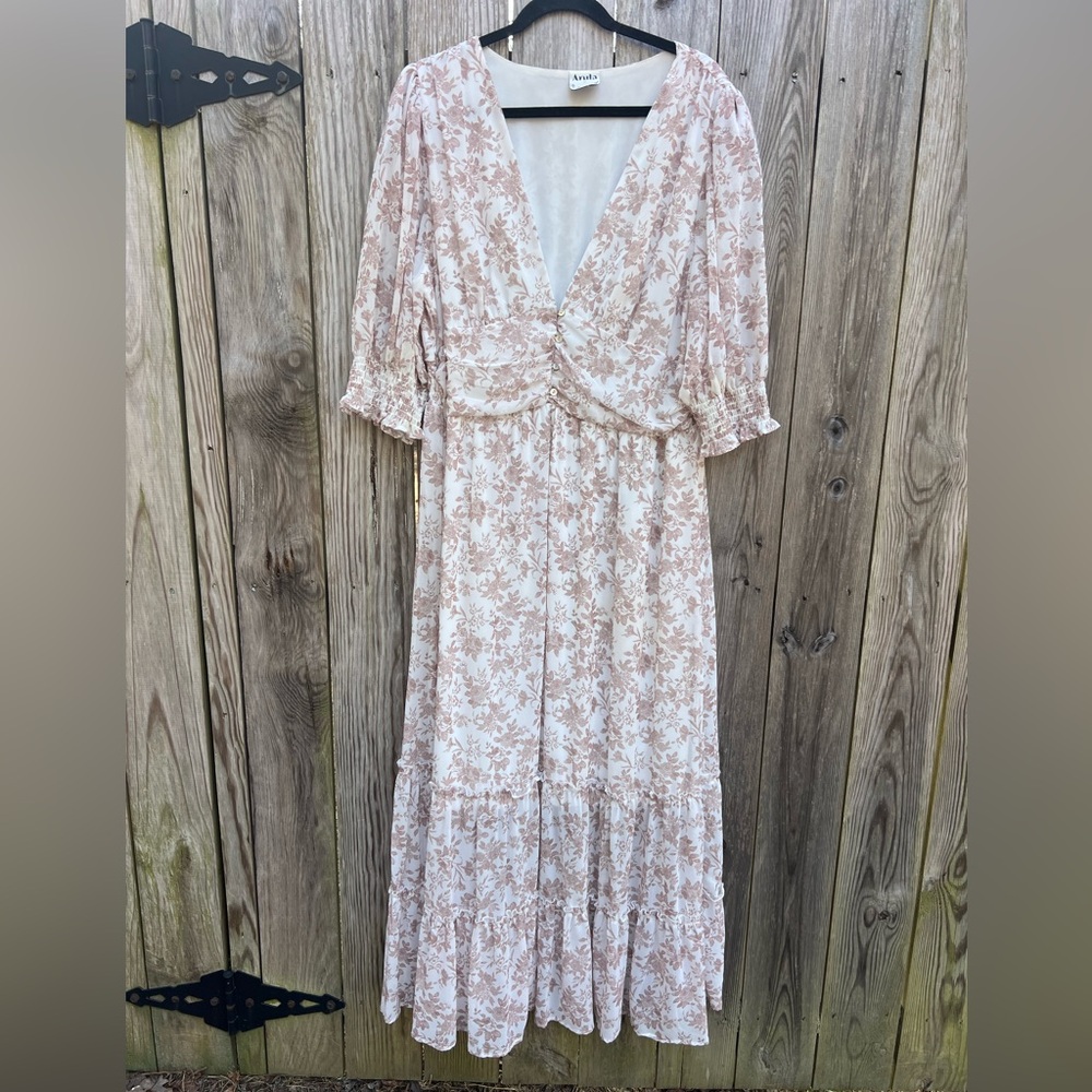ARULA Cream and Light Brown Floral Maxi Dress